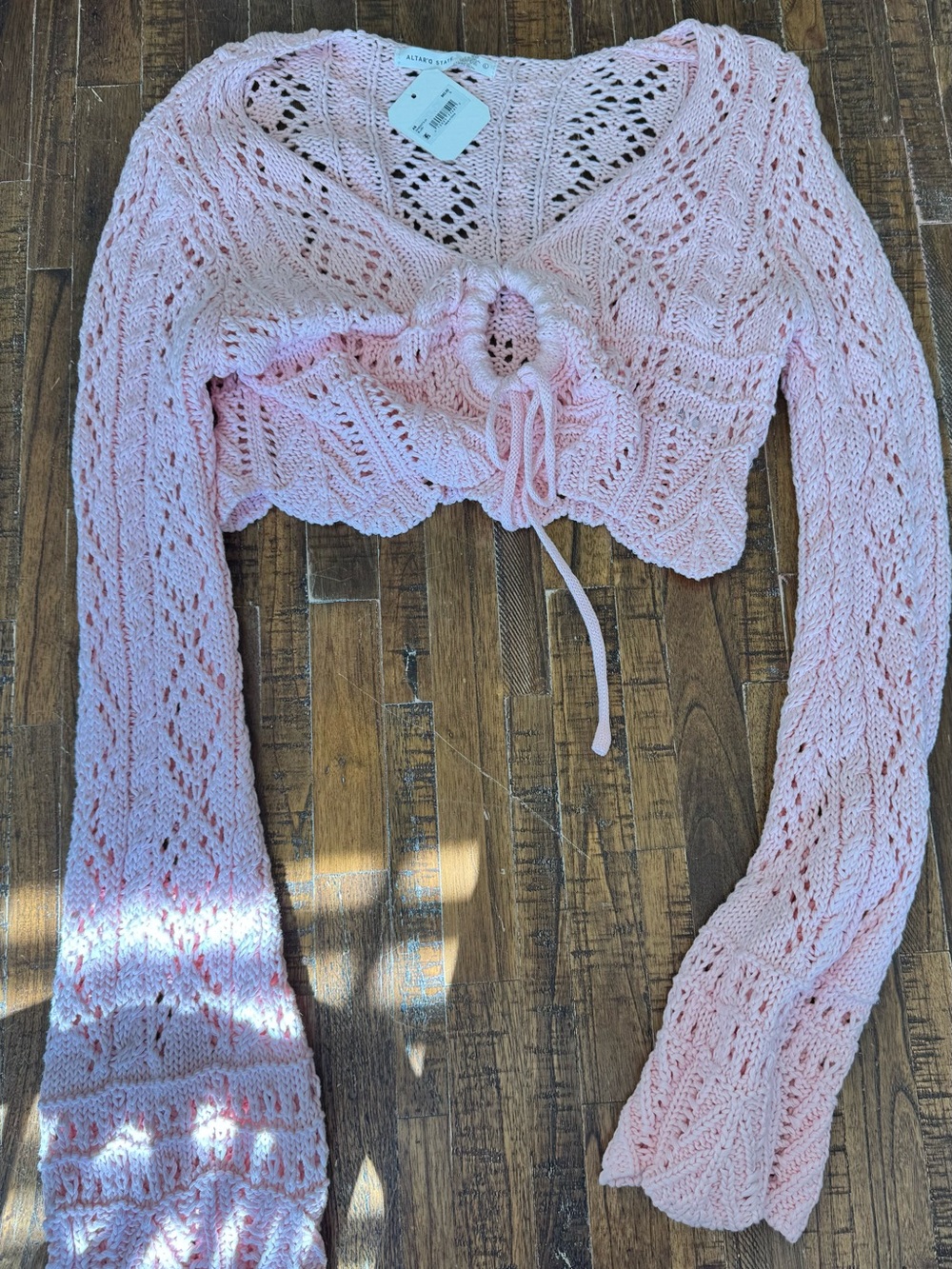 Altar'd State Pale Pink Crochet Tie-Front V-Neck Sweater